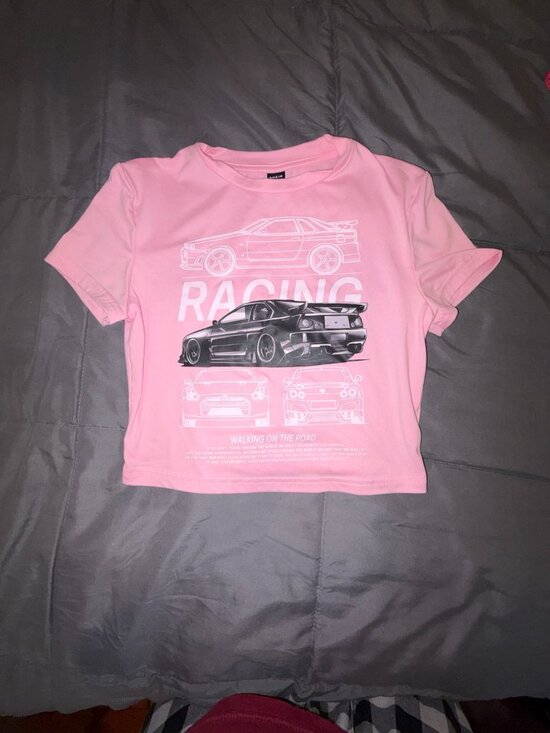 SHEIN Tops - Pink Racing Graphic Crop Top | Y2K Car Print Baby Tee | Size Small